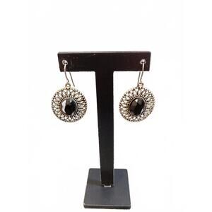 Bohemian Silver Tone Filigree Earrings Black Faux Onyx Stone Dangle Drop Hooks